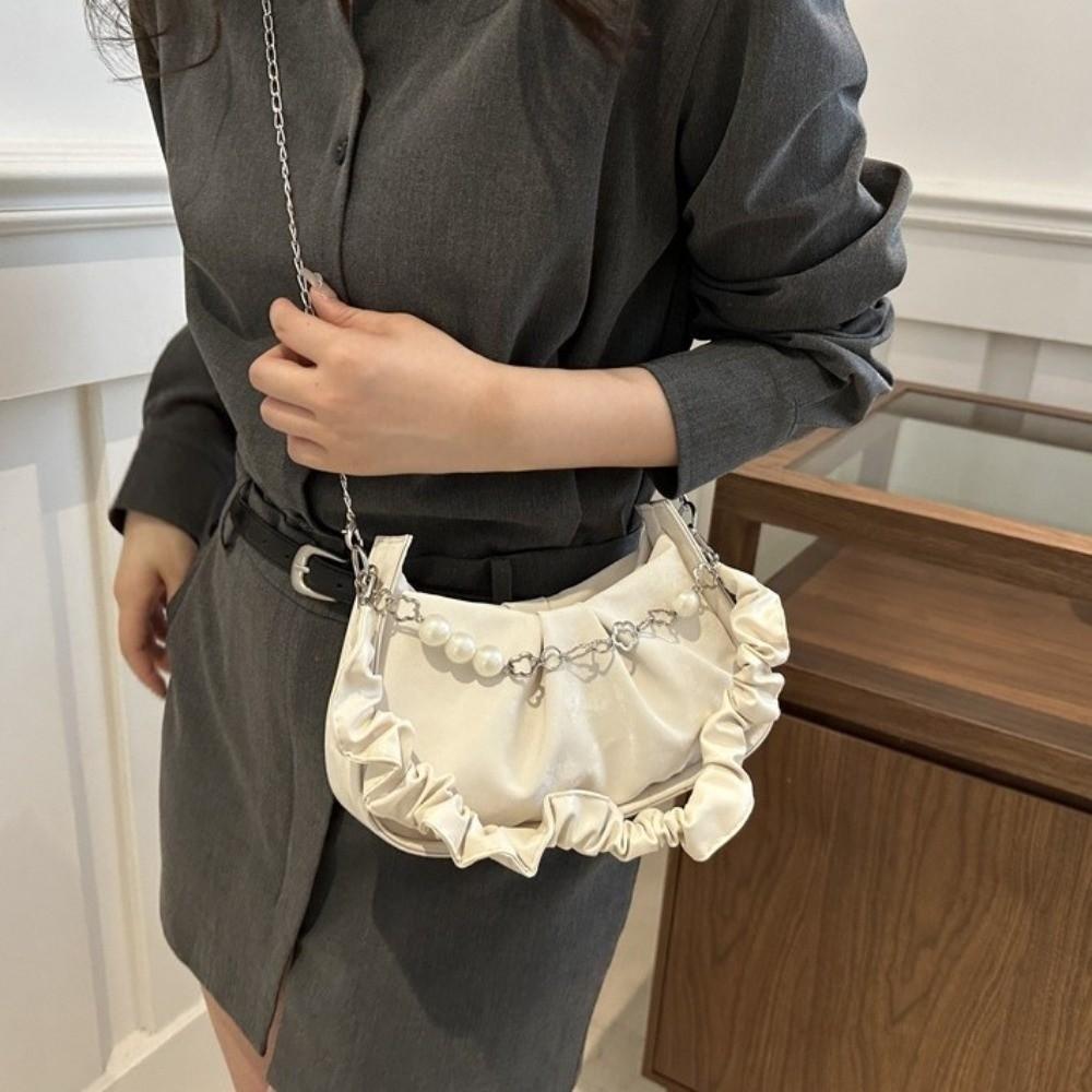 PU Leather Cloud Shoulder Bag Korean Style Pleated Handbag Pearl Chain Crossbody Bag  Office Worker
