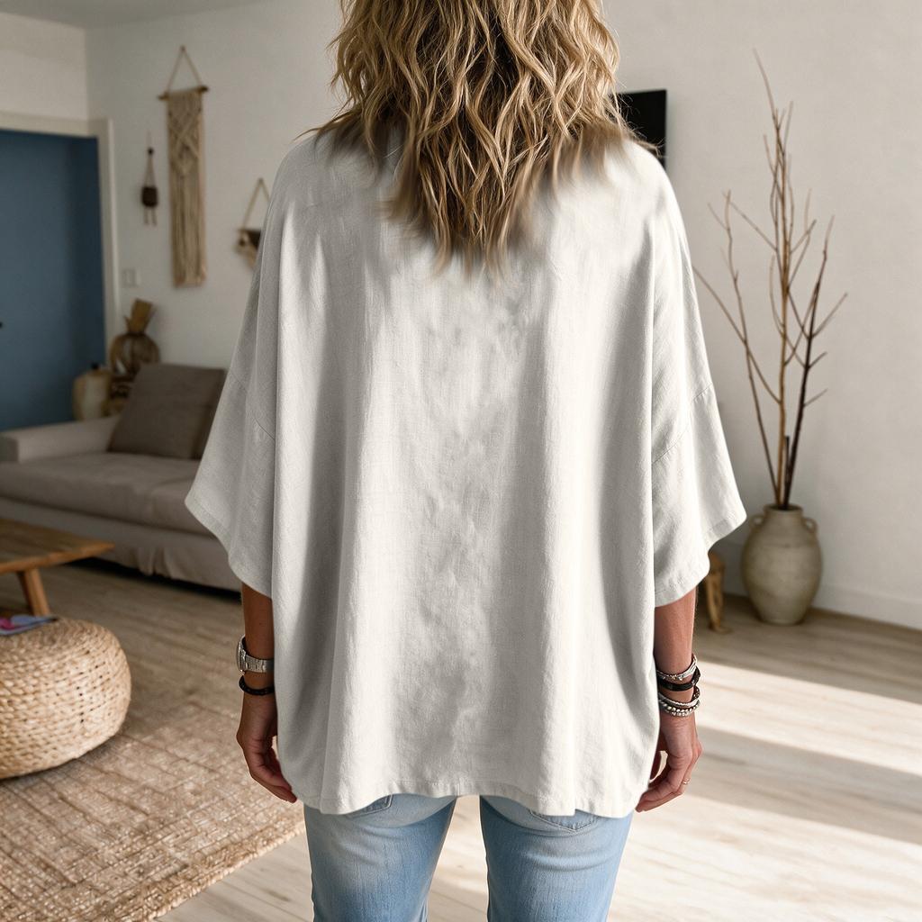 Women's Color Ruffle V-Neck Casual Three-Quarter Sleeve Blouse