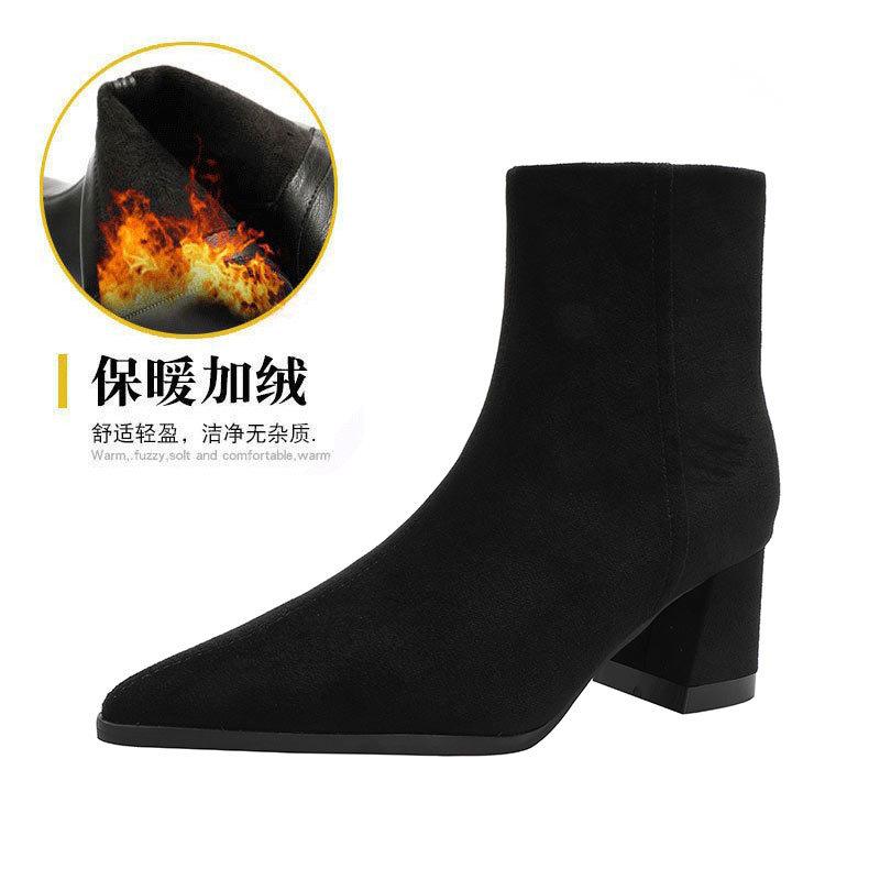 Coarse Heel Short Boots Women's 2025 Autumn and Winter New French Pointed High Heel Boots Suede Thin Elastic Boots Medium Tube Fashion Boots