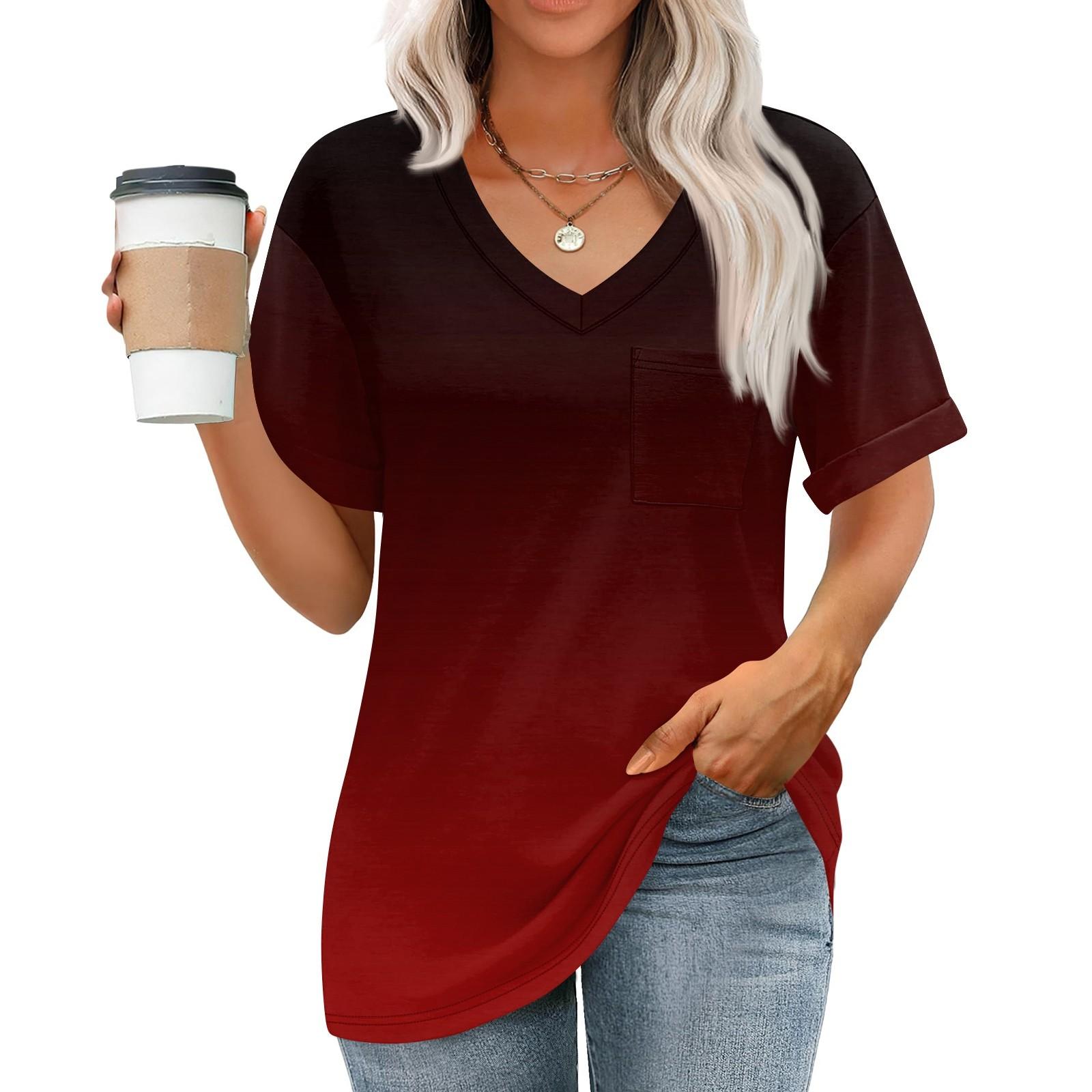 

Жіночі топи з V-подібним вирізом і короткими рукавами, повсякденні модні туніки з принтом і кишенями XL винний