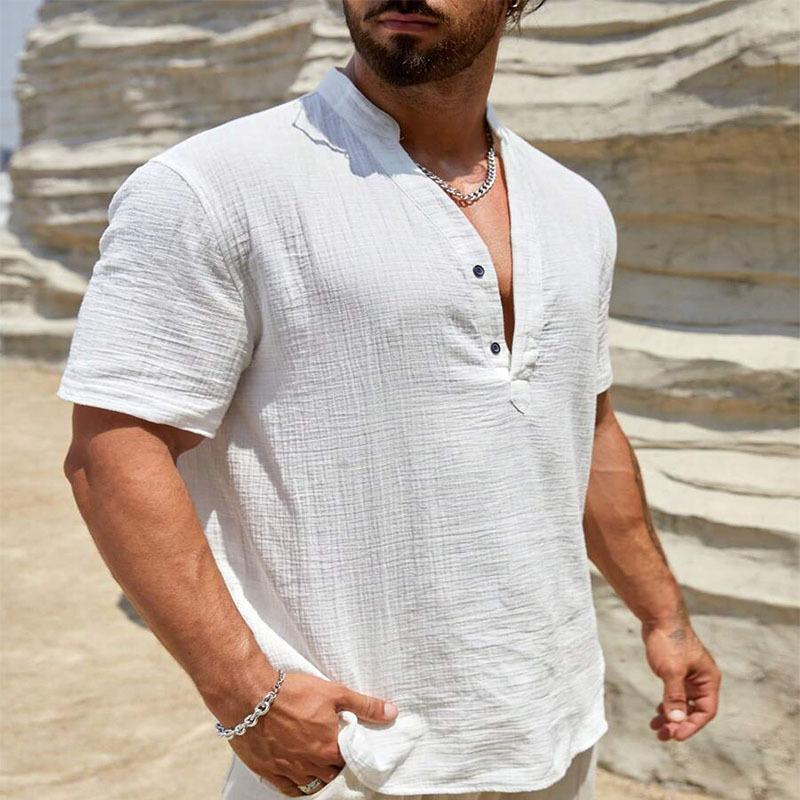 

Мужская рубашка из хлопка и льна, двухслойная, однотонная, с короткими рукавами, с кубинским воротником, мужская модная простая однотонная рубашка XXXL белый