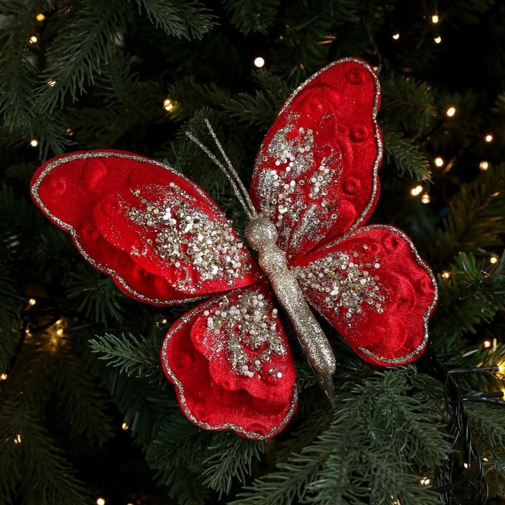 Glitter Butterfly Christmas Flower Sequins Simulated Artificial Butterfly Clip Exquisite Flocking Butterfly Pendants