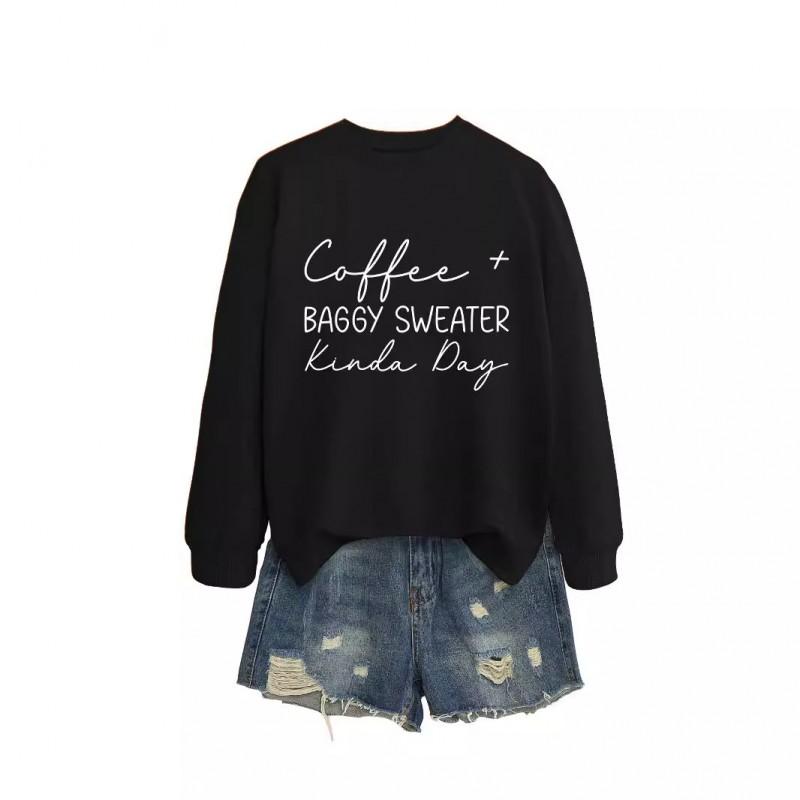 Womens Oversized Round Neck Long Sleeve Cotton Blend Casual Sweatshirt With Print - Loose Fit Comfort Top