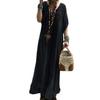 Summer Vintage Lace Crochet Maxi Dress Women Patchwork V Neck Horn Sleeves Loose Straight Pleated Soft Breathable Casual Daily Dress Solid Color