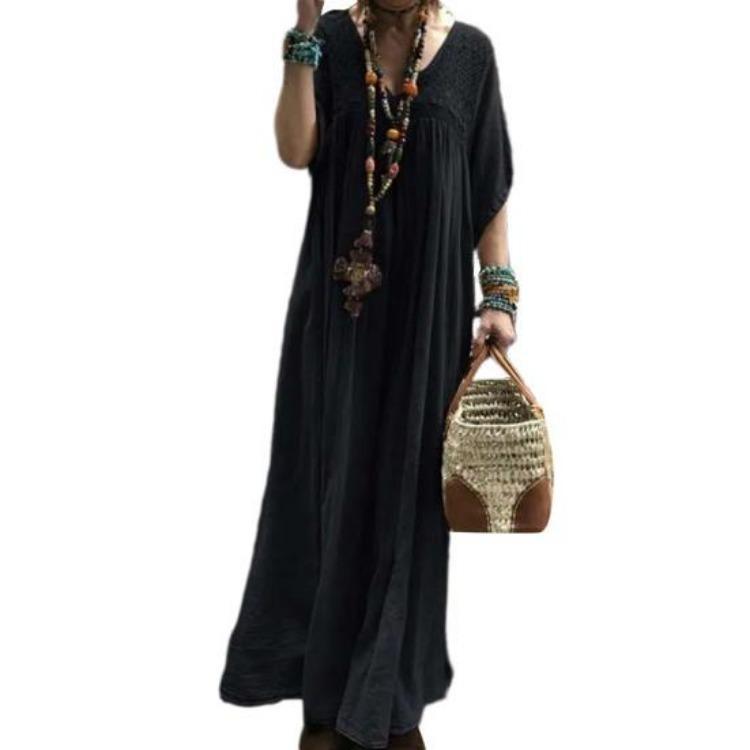 Summer Vintage Lace Crochet Maxi Dress Women Patchwork V Neck Horn Sleeves Loose Straight Pleated Soft Breathable Casual Daily Dress Solid Color