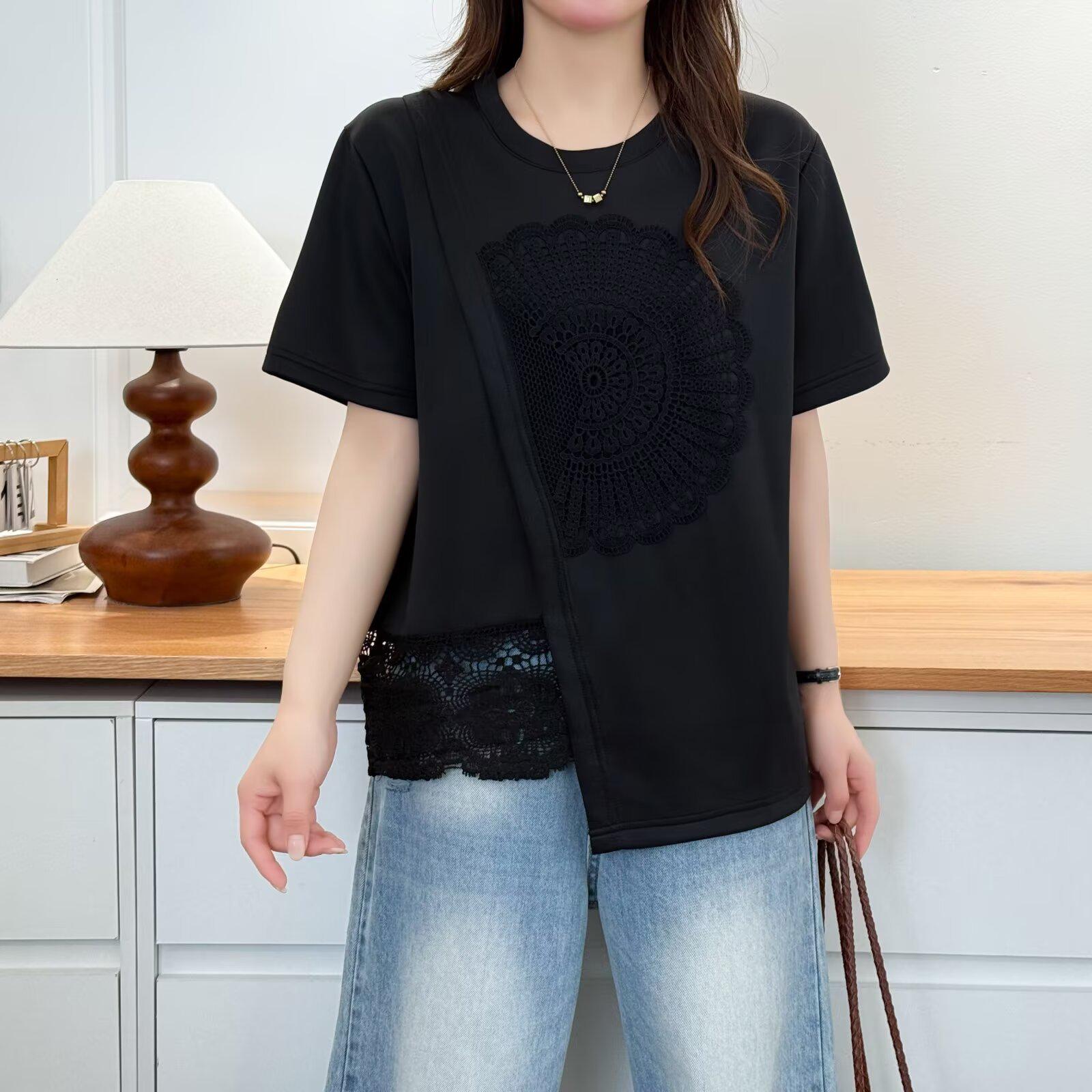 Elegant Plus Size Lace Patchwork Half-Sleeve T-Shirt for Women - 2026 Summer Collection XL