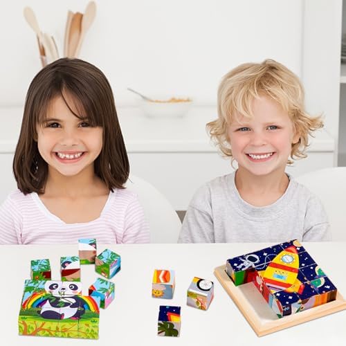 6-in-1 Wooden Cube Puzzle, 3D Montessori Educational Toy for Toddlers, Develops Hand-Eye Coordination, Perfect for Boys & Girls Ages 1-4