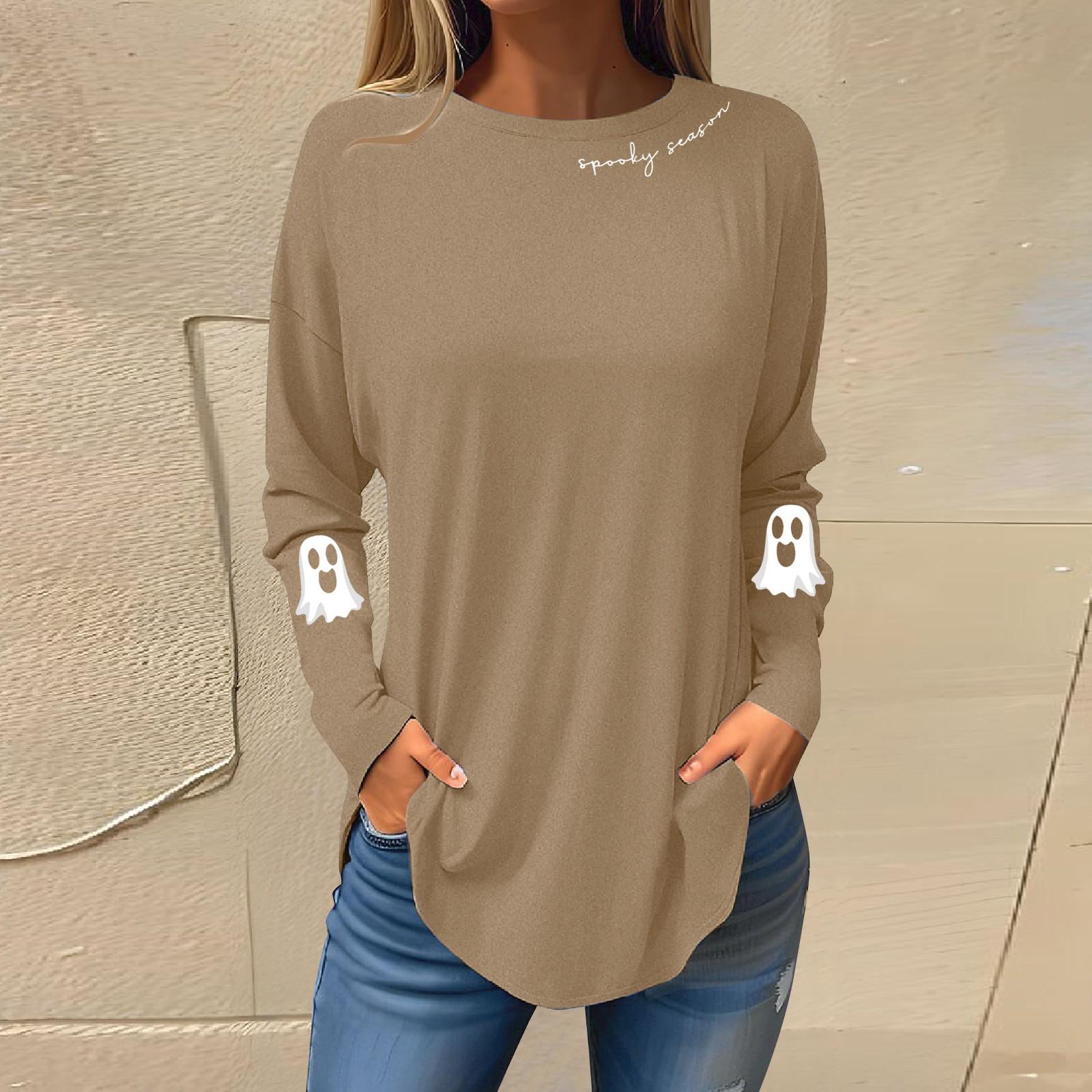 

Tee Shirts For Women Fall Casual Long Sleeve Shirts Sweatshirt Retro Printing Top Pullover L хаки