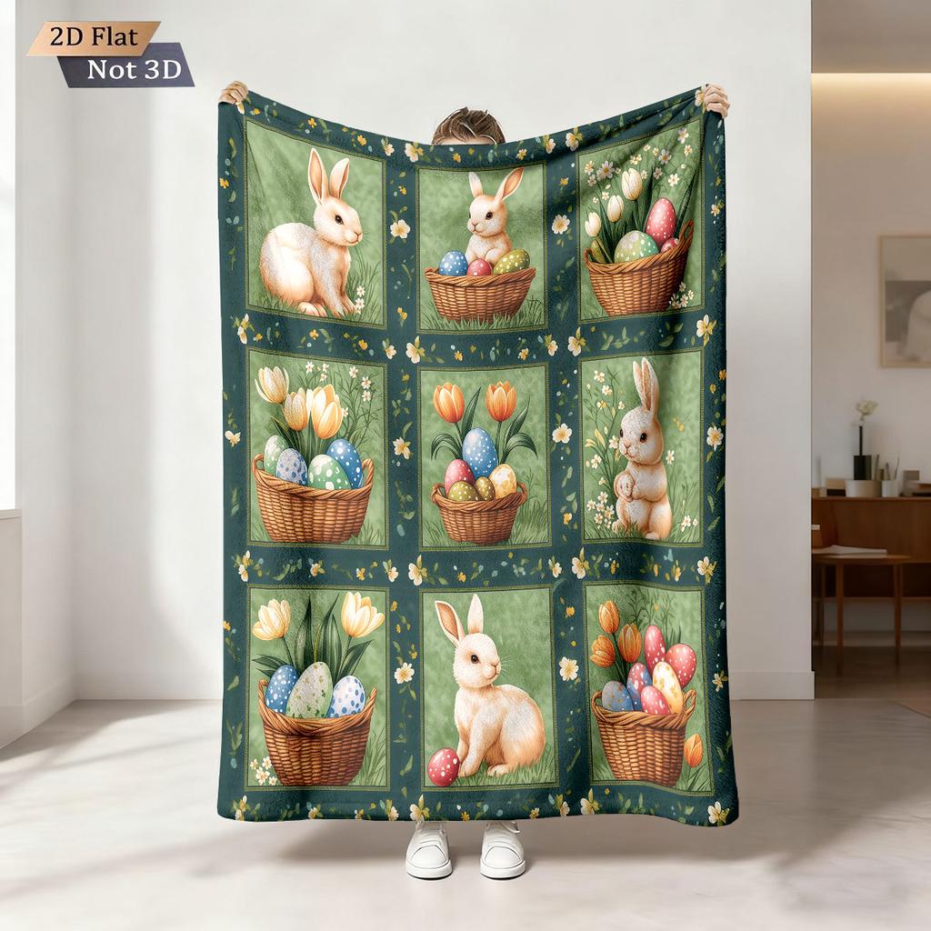 1pc Easter Cartoon Rabbit Printed Flannel Blanket With Various Sizes Soft And Comfortable Nap Cover Machine Washable