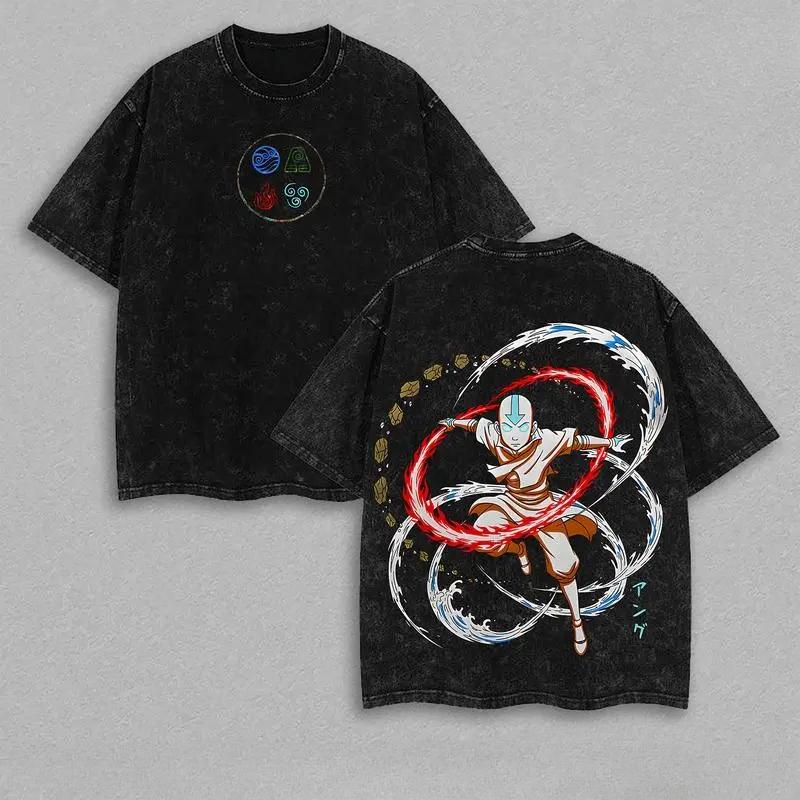 

Anime Avatar The Last Airbender Aang T-shirt Men Clothing Tops Vintage Washed Cotton T Shirt Oversized Short Sleeve Graphic Tees XXL чорний