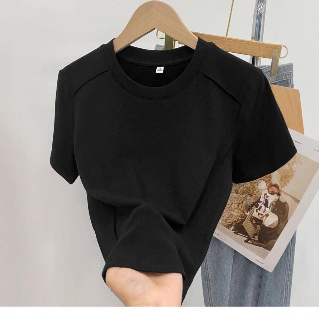 2025 Women's Summer Straight Shoulder Pure Cotton Irregular Hem T-shirt