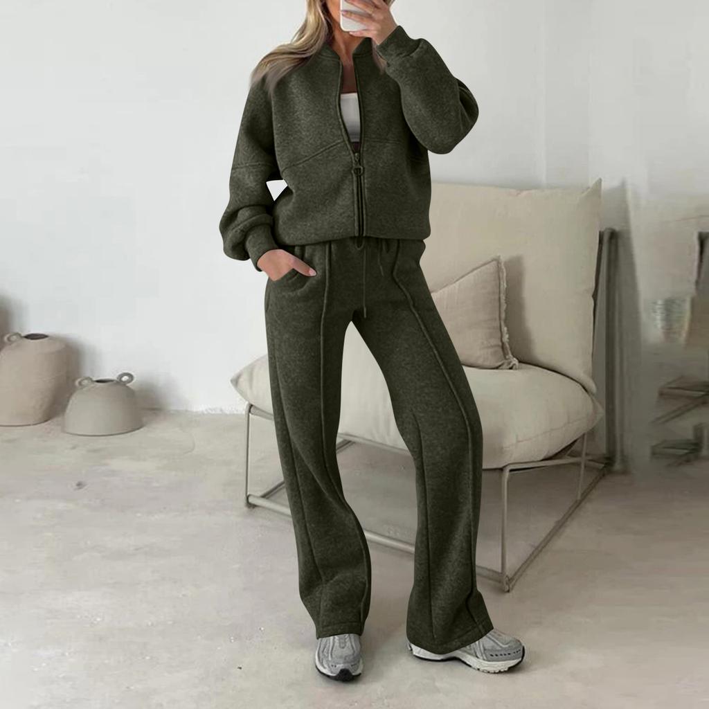 Women's Fashion Two-piece Solid Color Long-sleeved And Zipped Sweatshirt Trousers Casual Set