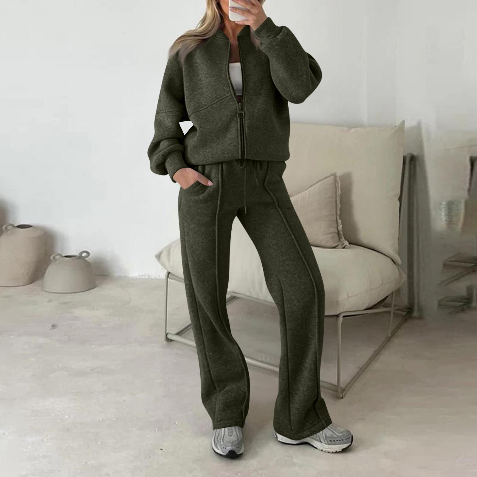 

Женский модный комплект из двух предметов: однотонный свитшот с длинными рукавами и на молнии и брюки, повседневный набор L армия зеленый