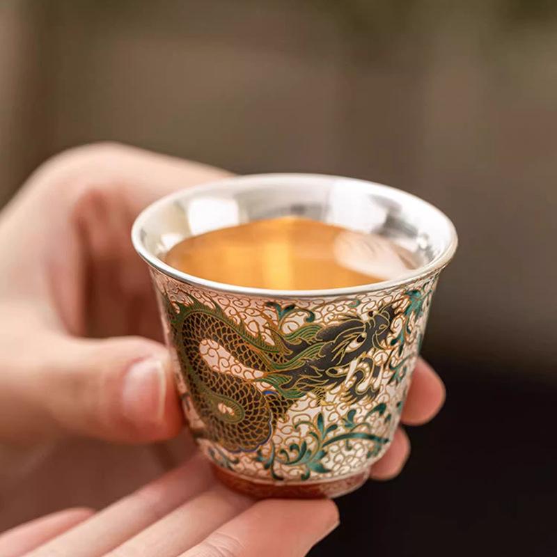 Ręcznie robiony ceramiczny czajnik do herbaty ze srebrem pozłacanym z motywem smoka i feniksa, filiżanki do herbaty, chiński zestaw do herbaty Kung Fu