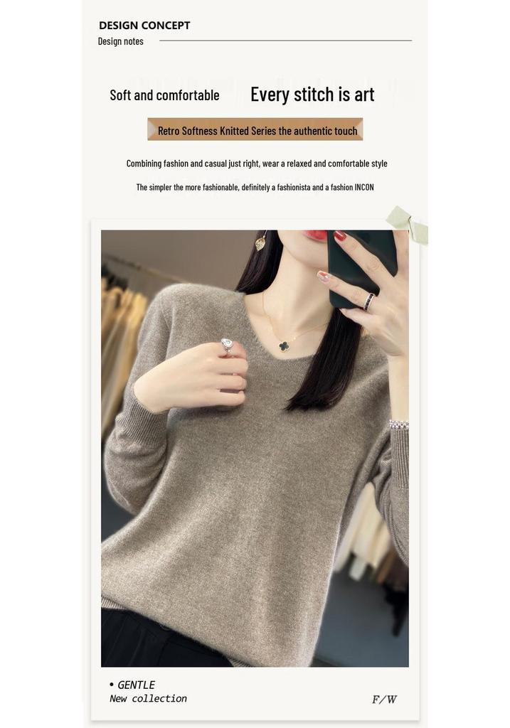 Women's Slimming V-Neck Pure Wool Cashmere Sweater - Soft, Seamless Knitwear Base Layer