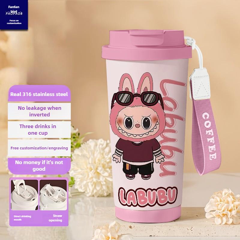 Tecknad Rostfri Stålkopp Högvärdig Termosmugg 3D Dubbel Drickstrå Kaffekopp