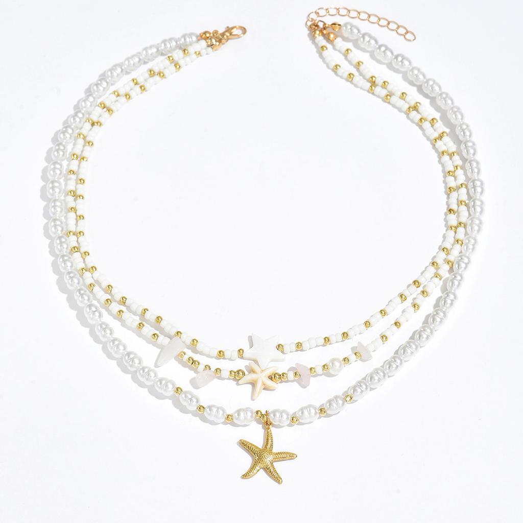 Bohemian Beach Rice Beads Imitation Shell Starfish Pendant Multi-layer Necklaces Women's Vacation Wind Holiday Accessories Gift