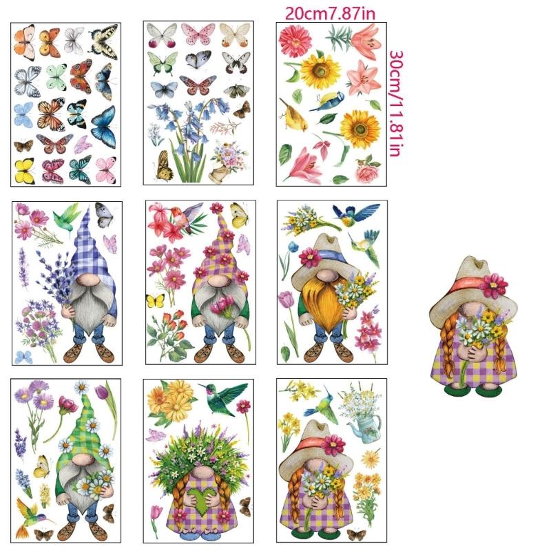 9 Sheets Spring Butterfly Gnomes Static Clings Window Sticker Decal for Bedroom Living Room Festival Home Decorations