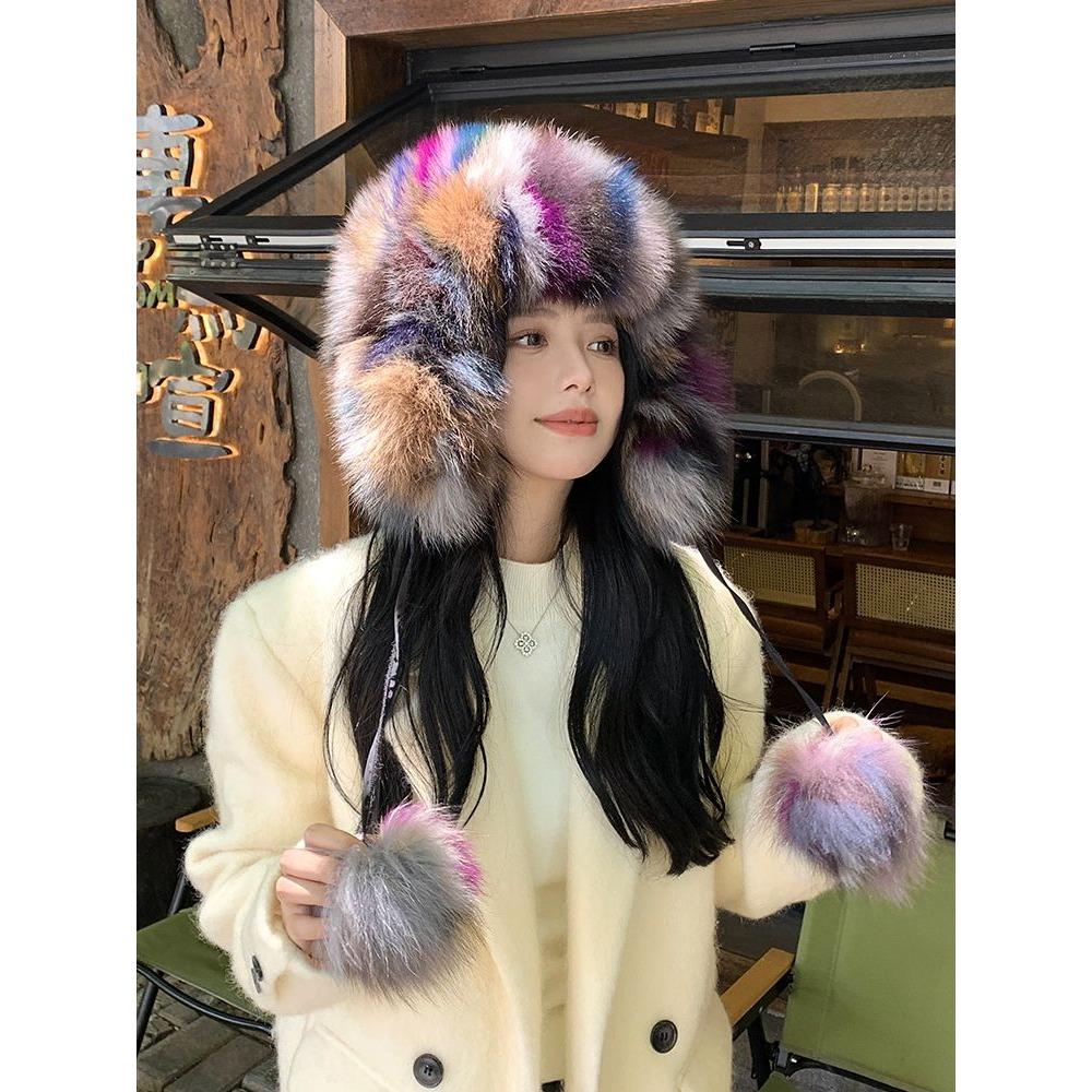 Chapéu de Proteção de Orelhas de Pele de Raposa Real Chapéu Lei Feng Chapéu de Ciclismo Fofo com Pompom para o Frio Chapéu de Lã Tricotado Quente e de Lã Chapéu de Bacia