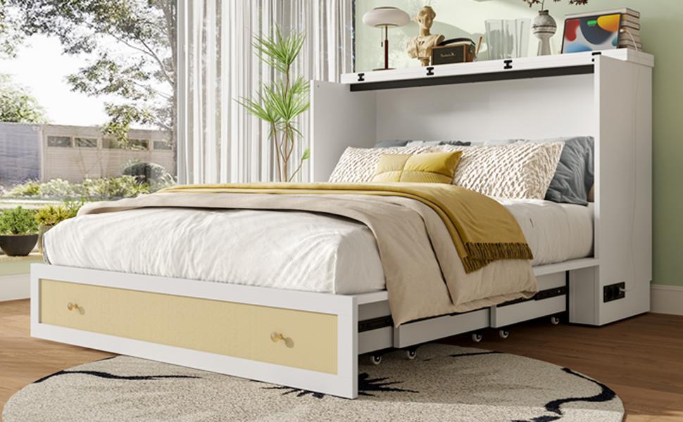 Cabinet Bed, 140 x 200, with Drawers at the Foot and Shelf at the Head of the Bed, with USB and Socket, Convertible Platform, Without Mattress, White