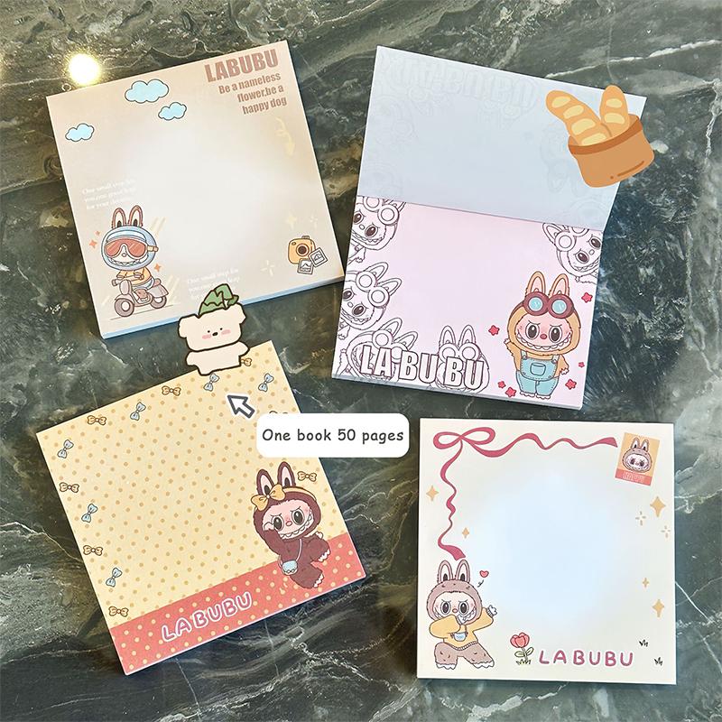 4Pcs Cute Labubu Self Adhesive Sticky Notes Cartoon Kawaii Note Paper Mini Portable Notebook School Supplies Student Stationery