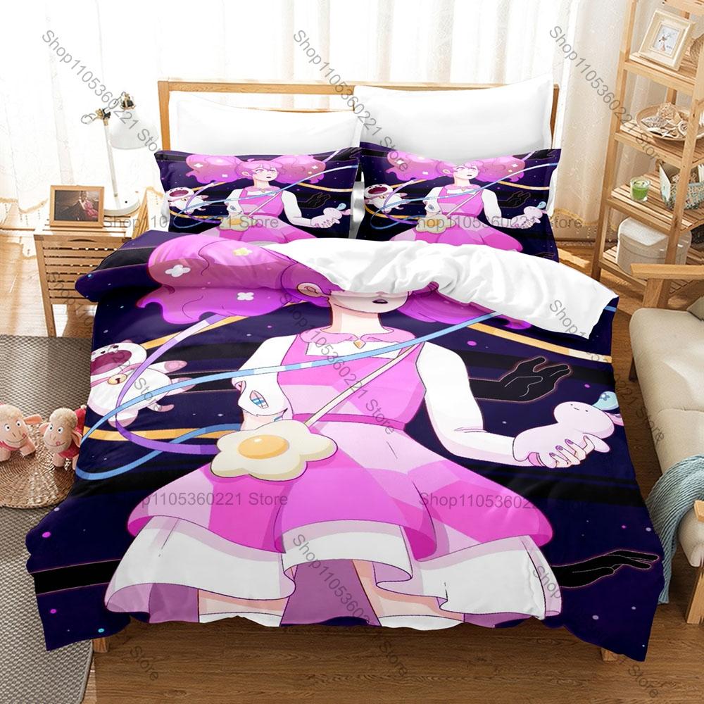 Coole skurrile Cartoon-Biene und Puppycat Charakter-Print Bettbezug + 2 Kissenbezüge Weiche Mikrofaser Kawaii Zimmer Bettwäsche