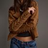 Womens Winter Slim Fit Suede Jacket With Fringe Detail Long Sleeve Short Coat