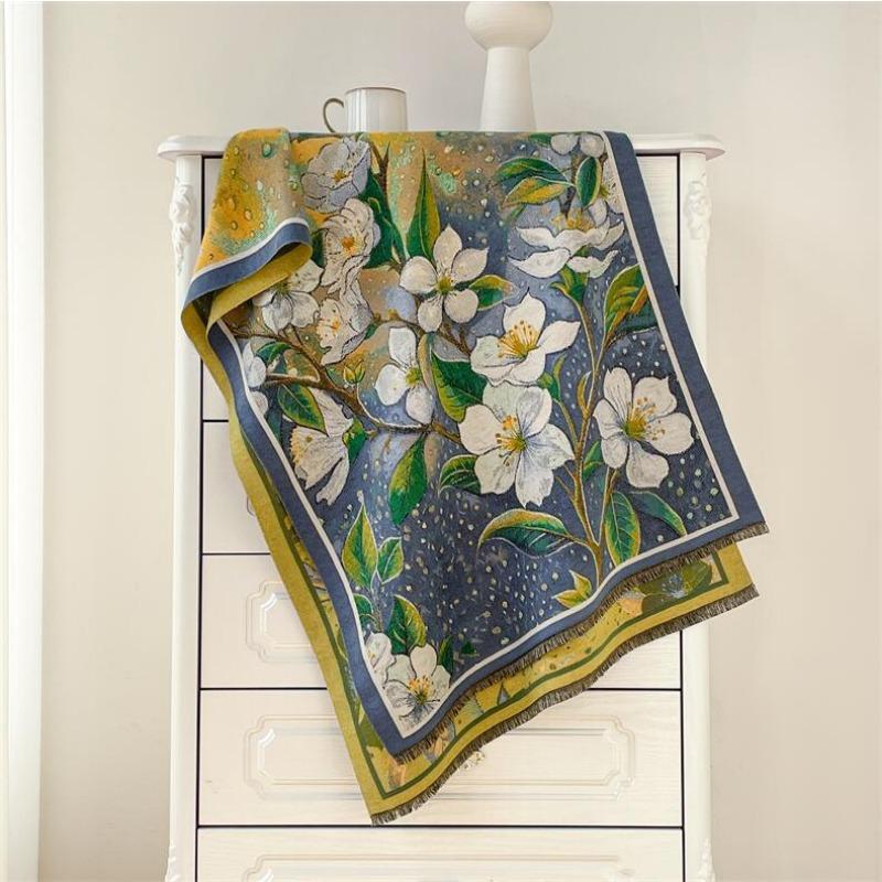 Winter oil painting style scarf women's plate four shuttle imitation cashmere shawl thickened warm fringed scarf