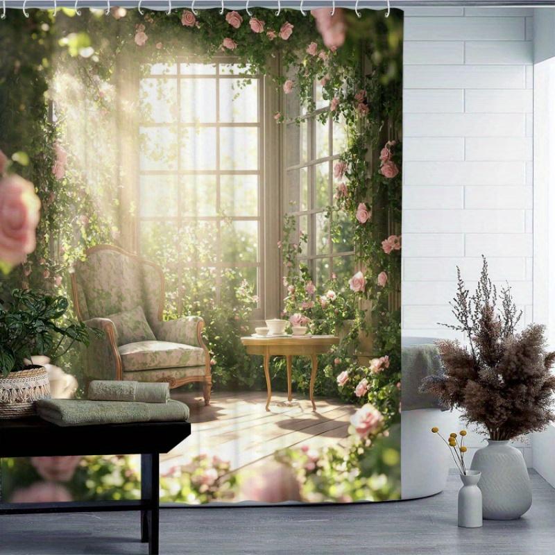 Exquisite Duschvorhang mit Blumenmuster 12 Haken Geeignet für Zimmer Haus Hotel Maschinenwaschbar Vorhänge Badezimmer Einteilig