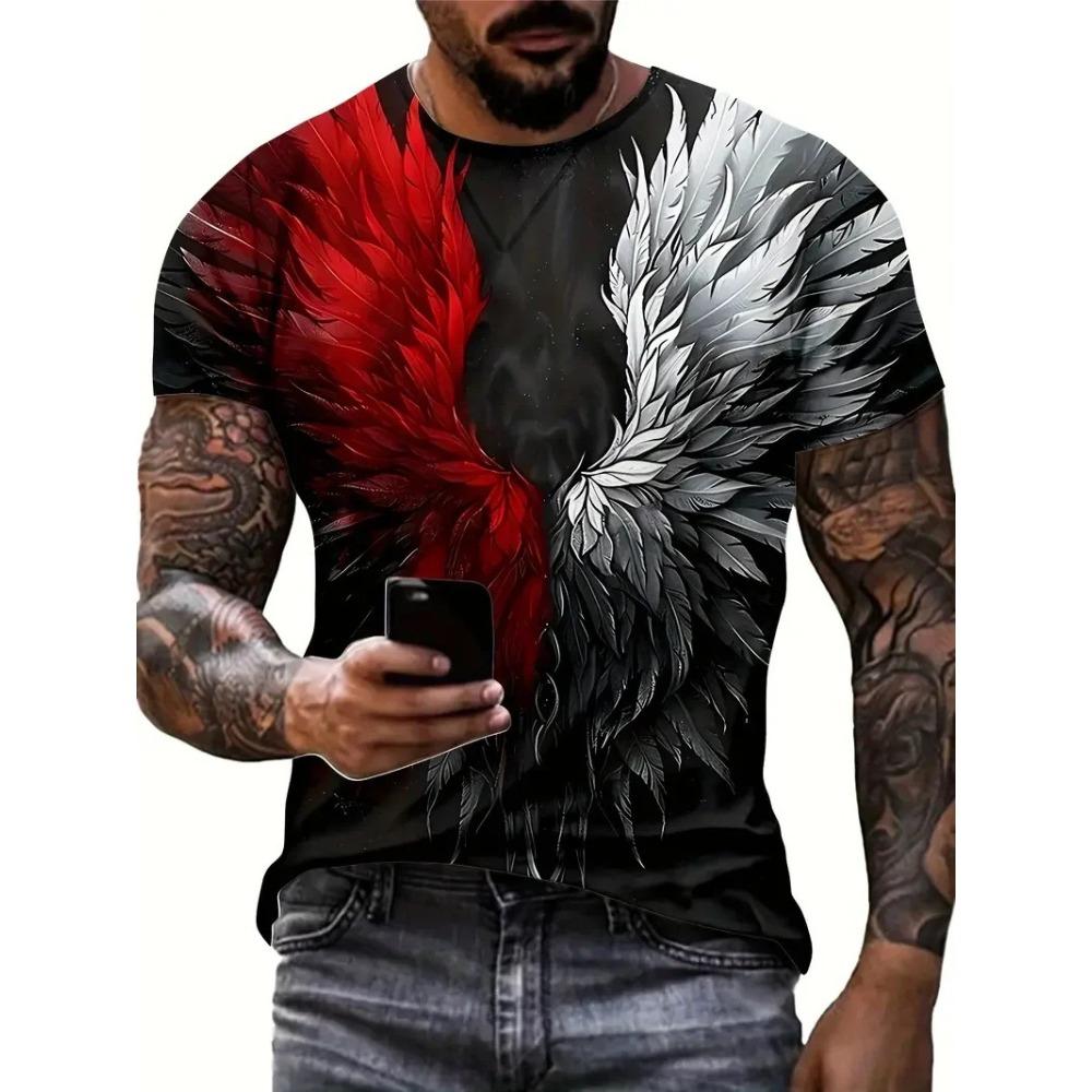 Summer Round Neck 3D Wing Pattern Print Top Fashionable Casual Short Sleeved Men's T-shirts