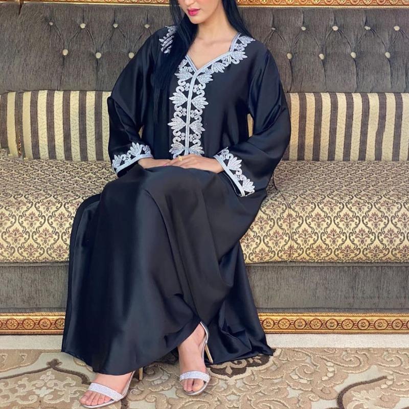 Ramadan Muslim Gold Embroidery Dresses Abayas Dubai Casual Kaftan Robe Ethnic Costumes with Long Sleeve for Womens