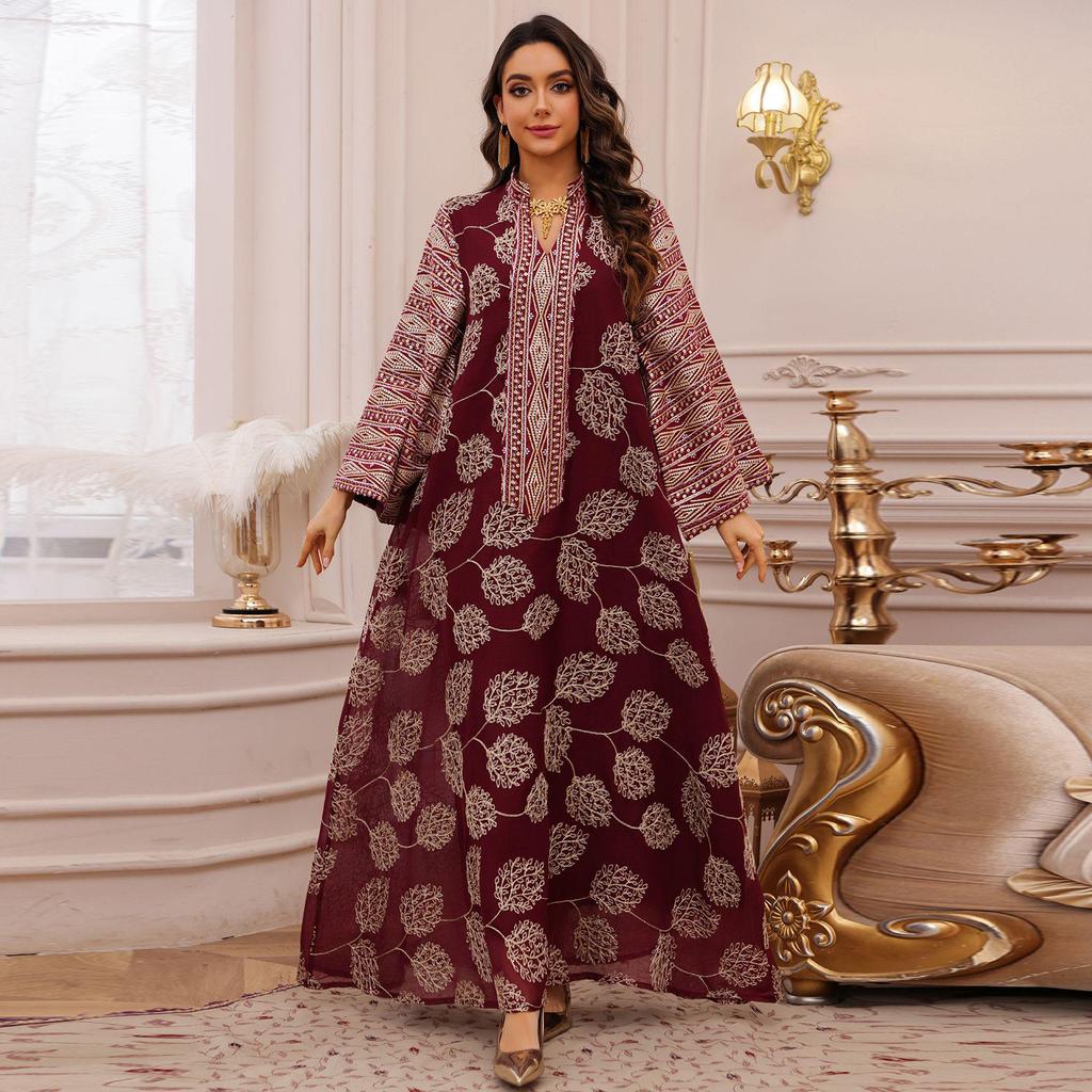 AB423 Plus Size Women's Embroidered Sequin Robe Dress - Middle Eastern, European, American Style