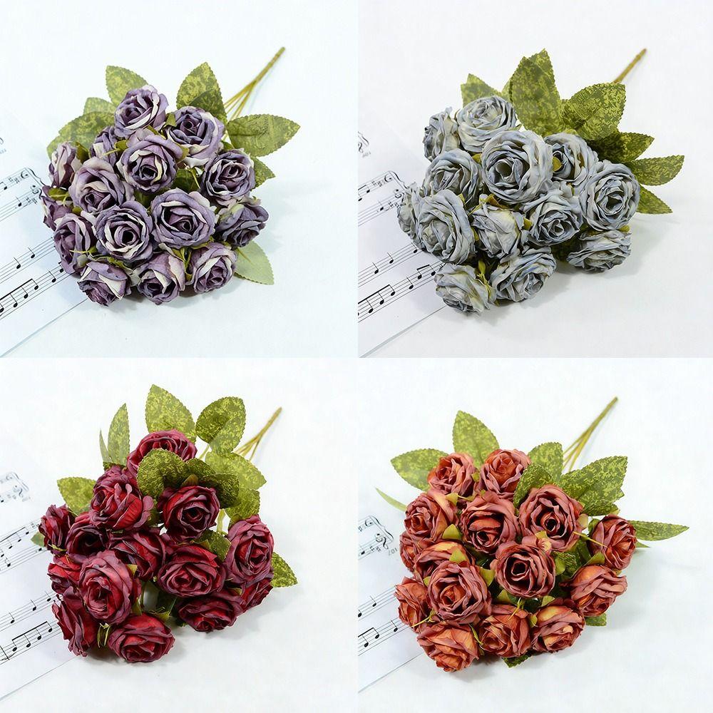 Silk Petals Rose Artificial Flowers 15 Heads Faux Flower Holding Bouquet Flower Home Decoration
