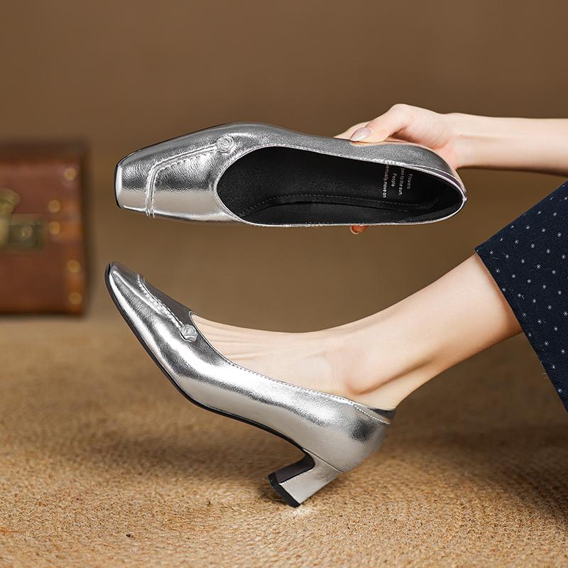 Fashion 2025 New Genuine Leather Women Pumps Shallow Women Shoes Square Toe High Heels Sliver Leather Ladies Shoes