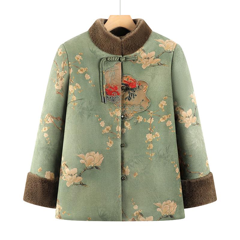 Plus Size Winter Stand Collar Chinese Style Velvet-Lined Cotton Jacket for Grandma
