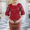ZANZEA Women Casual Round Neck Embroidery Mesh Splice 3/4 Sleeve Satin Blouse