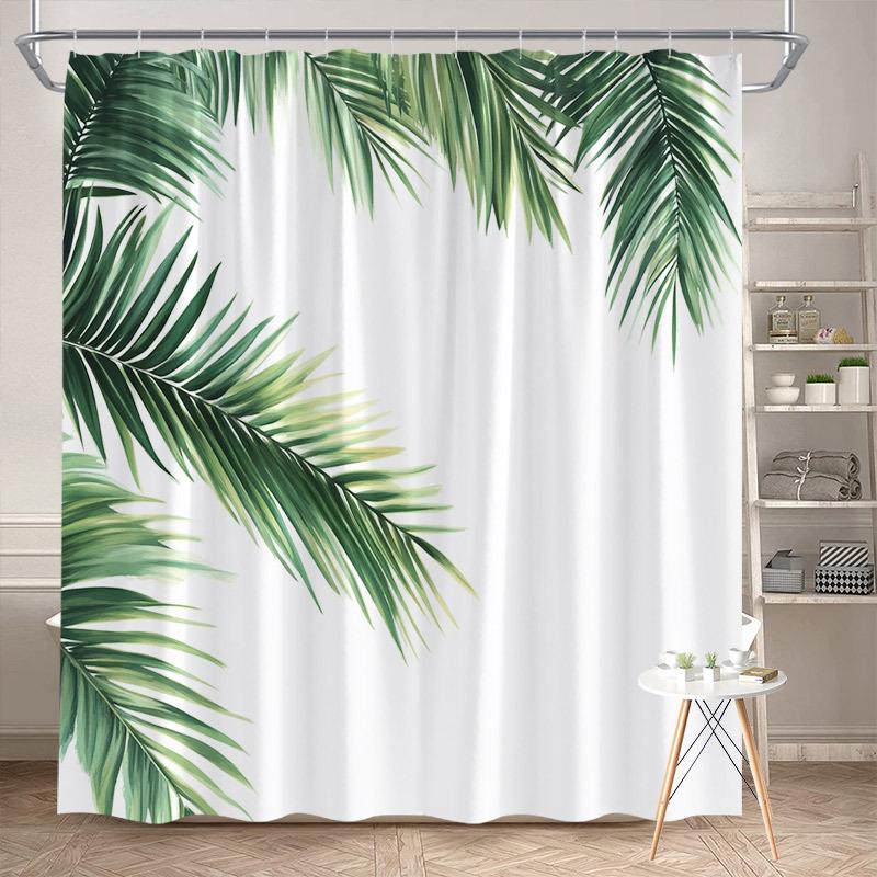 Palm Leaf Shower Curtain 180x180cm – Tropical Green on White, Minimalist Bathroom Decor, 12 Hooks Bath decorative shower curtain