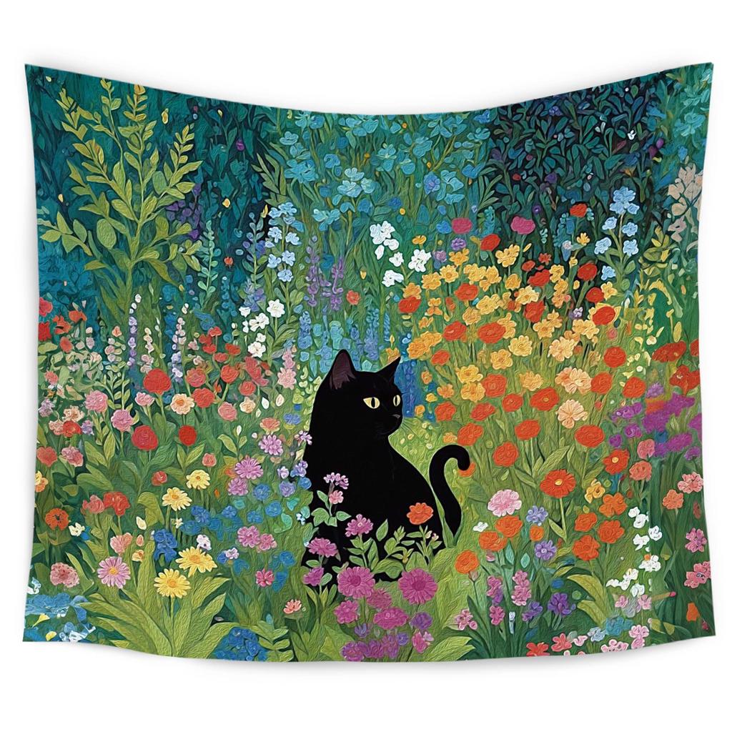 Cute Black Cat Art Painting Tapestry, Aesthetic Black Cats Decor, Vintage Cat Tapestry Wall Hanging For Room Bedroom Living