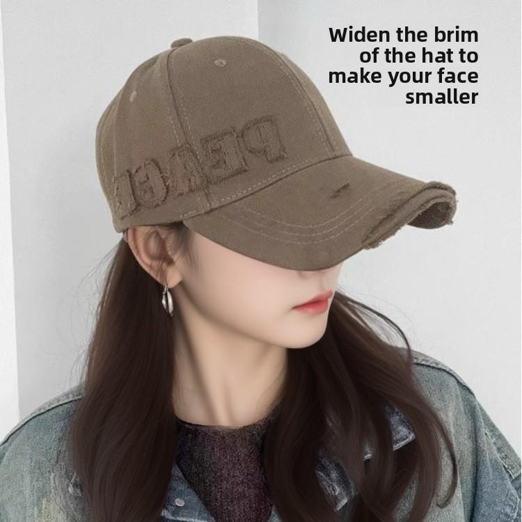 Retro Ripped Hard Top Baseball Cap Female Face Small Spring and Autumn Outdoor Sunshade Big Head Circumference Peaked Cap Mickey