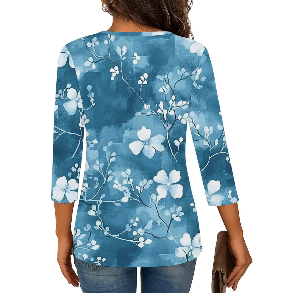 3/4 Sleeve Shirts For Women Print Graphic Tees Blouses Casual Plus Size Basic Tops Pullover