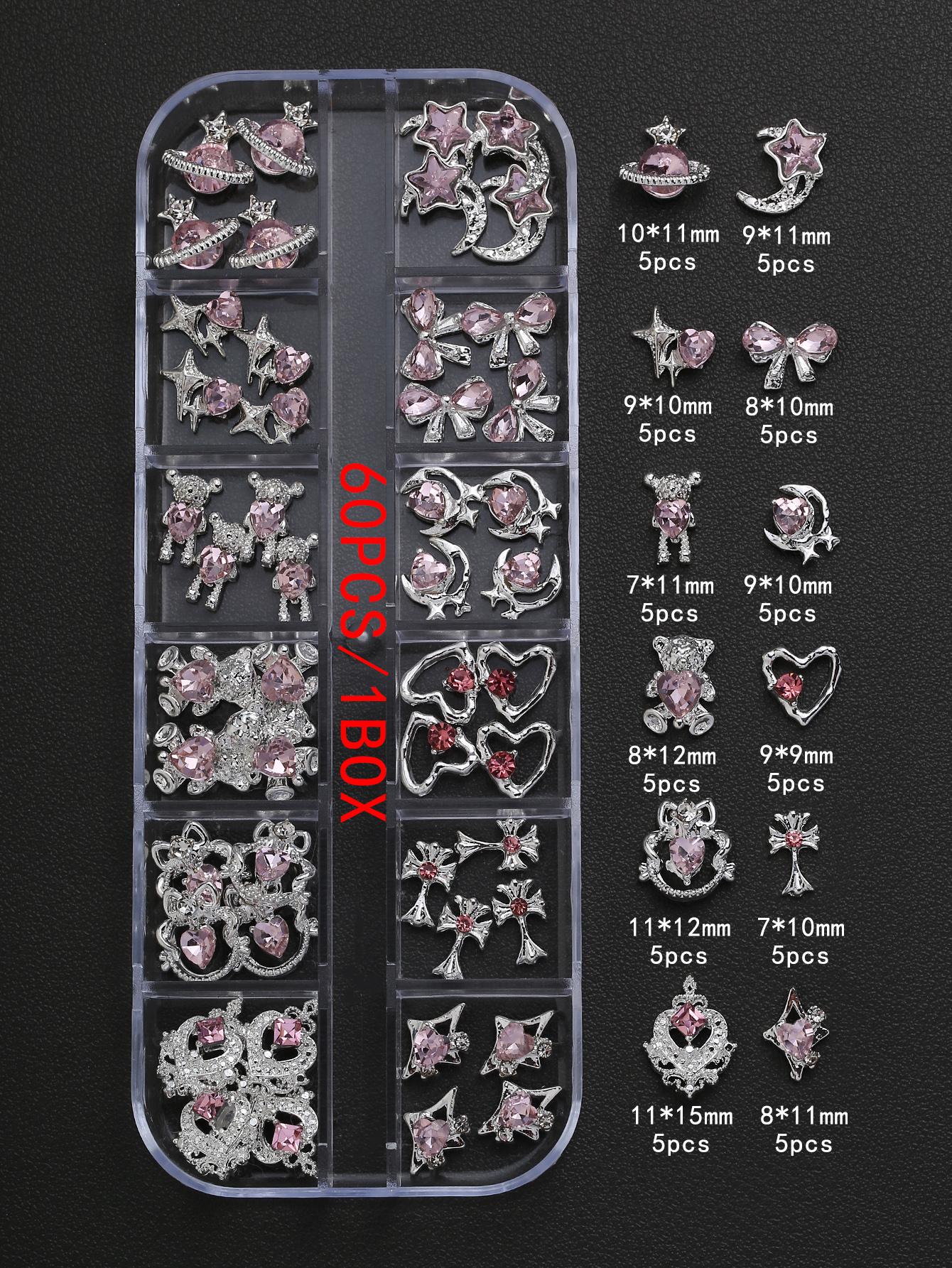 

1Box(60pcs) Лук из сплава, любовь, медведь, луна, крест, звезда, украшение для ногтей, розовые стразы, украшение для ногтей