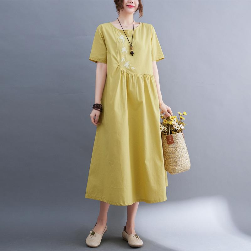 Summer Cotton and Linen Solid Color Pullover Dress for Women