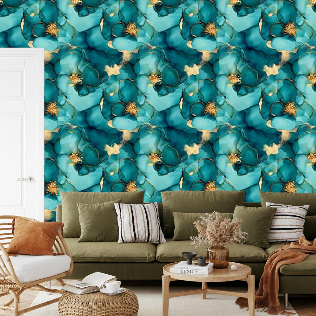 Ink Wallpaper Turquoise, Sea Blue and Green for Living Room and Bedroom 50x1000