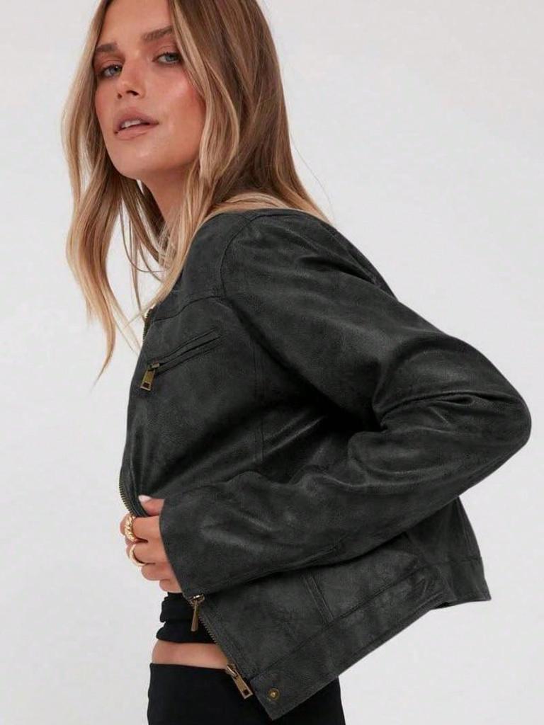 Giacca Moto Corta Vintage da Donna in Ecopelle con Zip e Collo Alto Cappotto Biker Corto Casual
