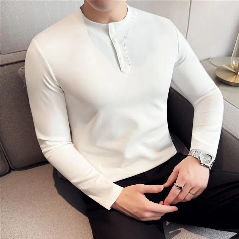 Men's T-Shirts Fashion Henry Collar Slim Fit Tshirts For Men All Match Plain Color Long Sleeve Tops Tees