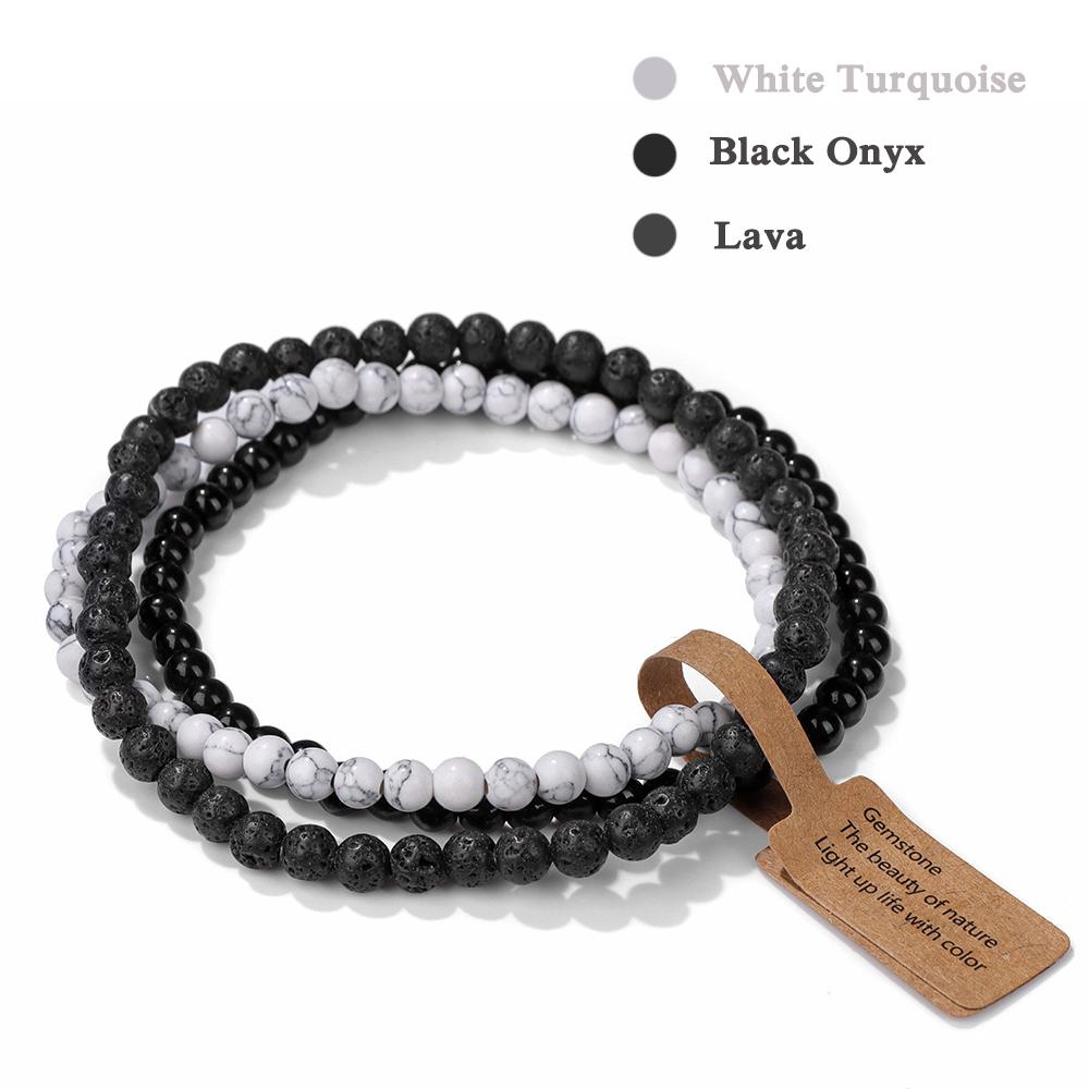 3Pcs/set Natural Green Stone Bracelet 4mm Moss Agates Black Onyx Cat Eye Beads Elastic Bracelets For Women Men Simple Jewelry