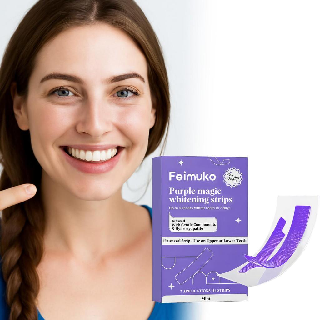 Feimuko Mint-Infused Purple Teeth Whitening Strips - Gentle, Non-Irritating, Invisible Fit