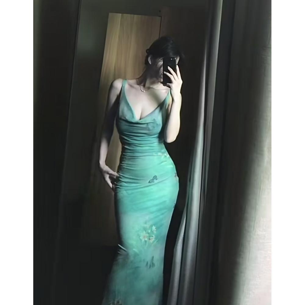 Butterfly Print Swinging Collar Suspender Dress Women's Summer Fishtail Skirt Waist Skirt Showing Figure Hip-wrapped Dress