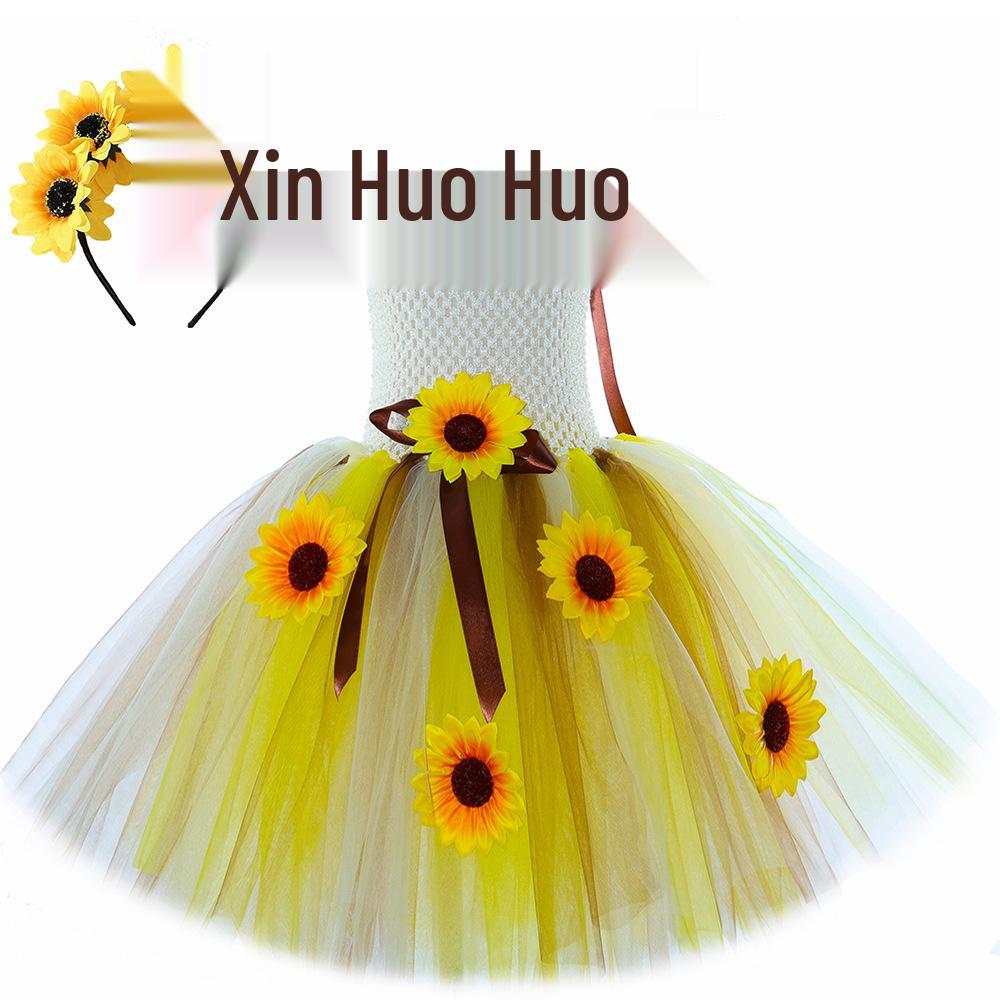 Sunflower Fairy Princess Dress Set for Kids - Fluffy Mesh Dress with Wings 12M (70cm)