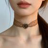 Vintage Pearl Heart Brown Lace Choker Necklace with Sheer Clavicle Chain